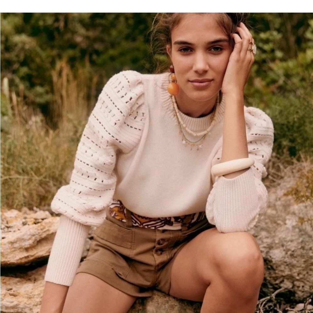 Sezane Cream Puff-Sleeve Knit Sweater